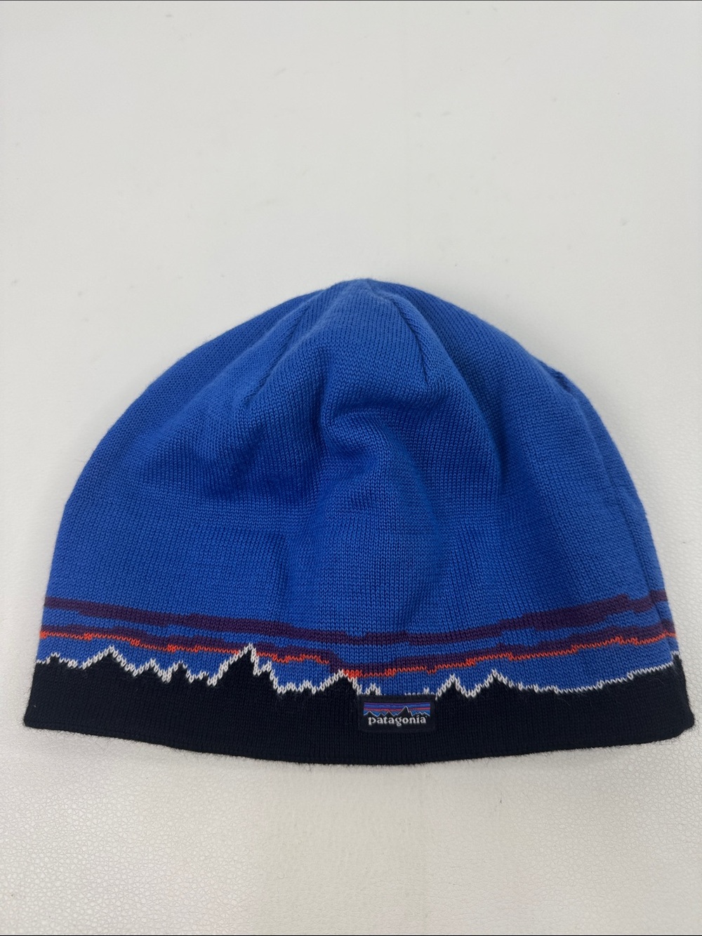 Patagonia Royal Blue Knit Beanie hat with Mountain Stripe One Size